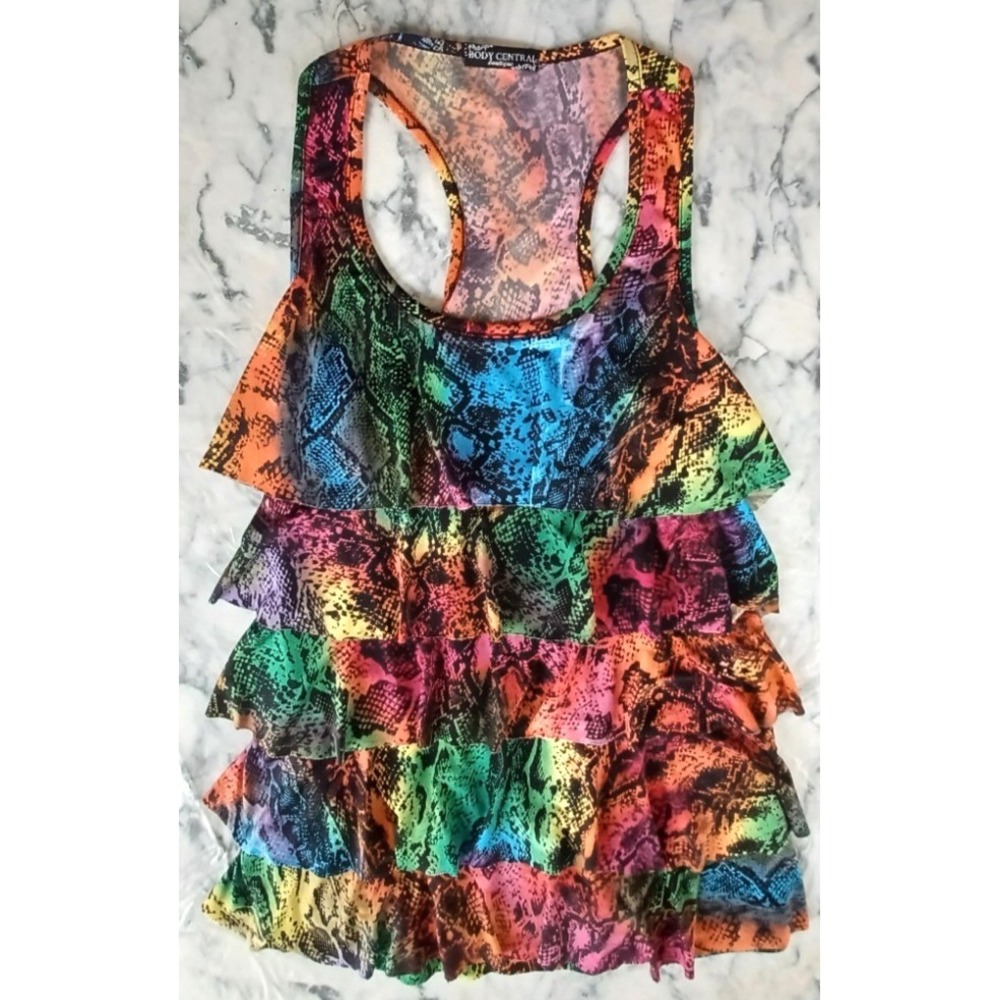 Body Central Tank Top Juniors S/M Snakeskin Tiered Ruffles Dopamine Whimsy Kooky